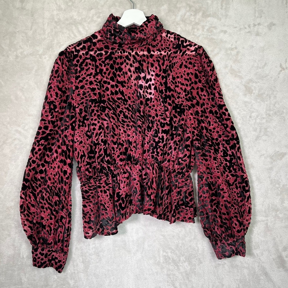 OHS Clothing Women's 1XL Berry Black Velvet‎ Animal Print Peplum Blouse Long Slv
